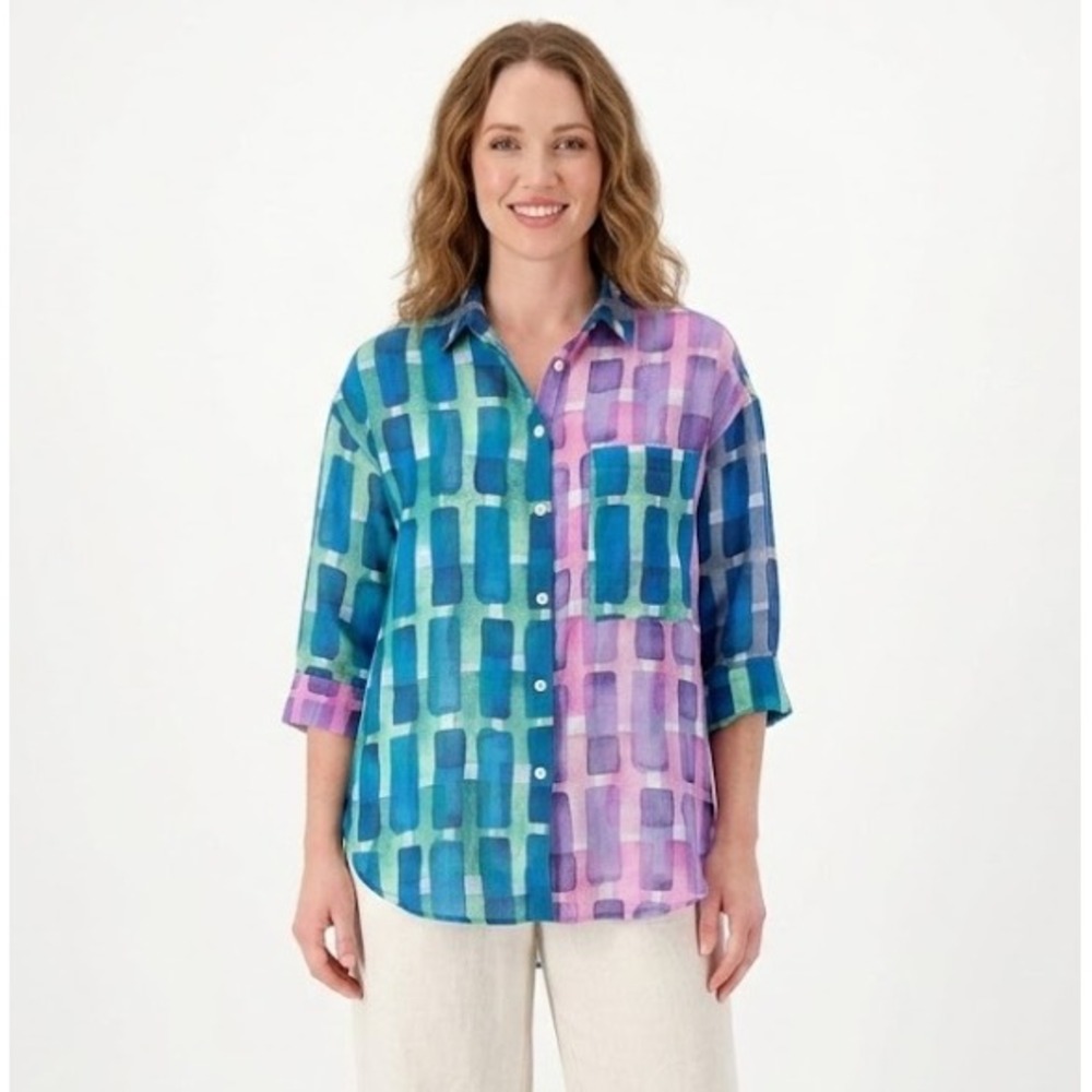 Terra SJ Apparel Purple Blue Abstract Art to Wear Button Down size Small